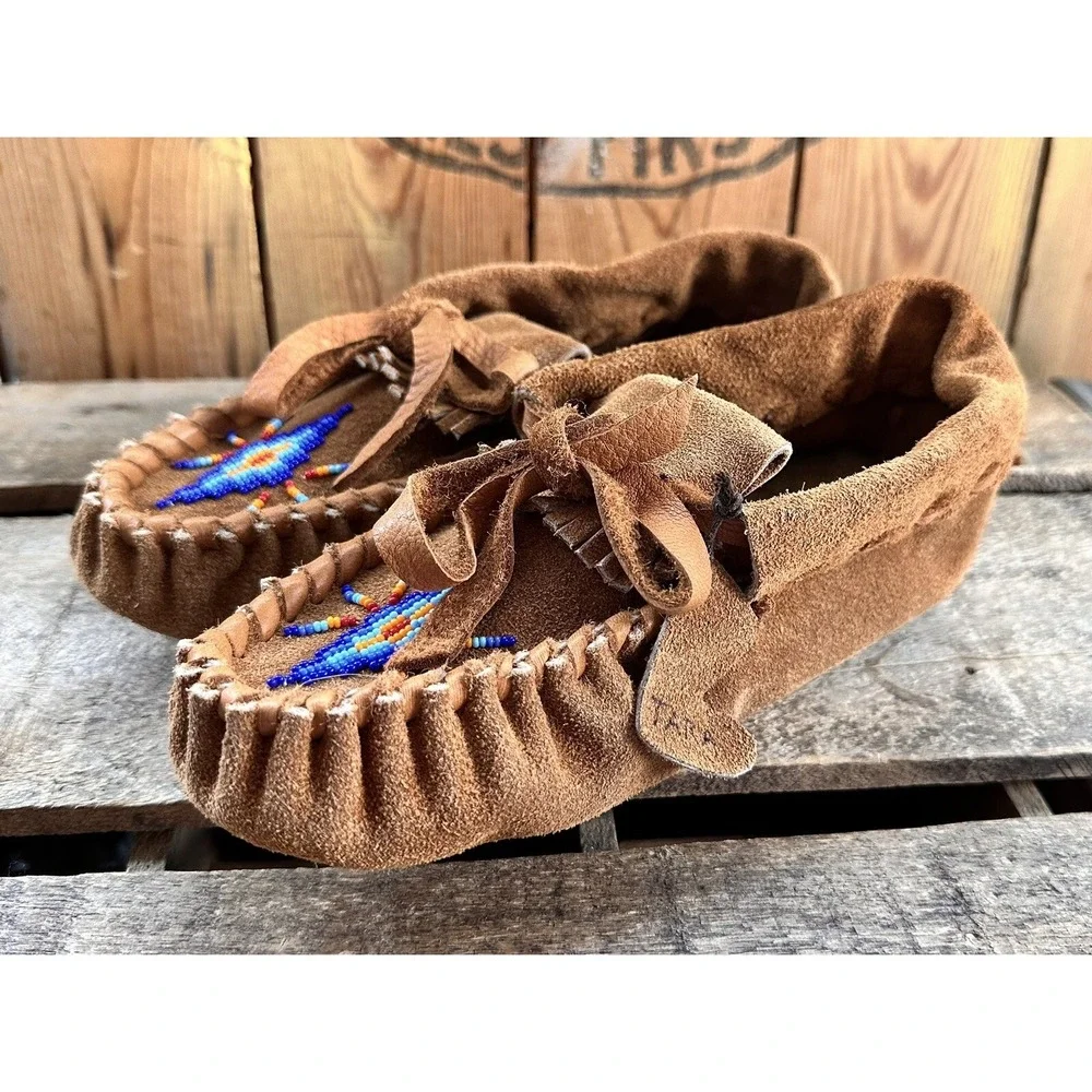 Moccasins Beaded Shoes Cosplay Native Sheepskin Insoles Soft Size 1.5 Kids